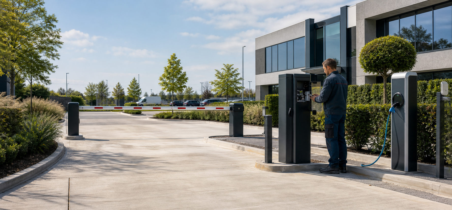 Moderne parking met slagboom, laadpunt en servicetechnieker